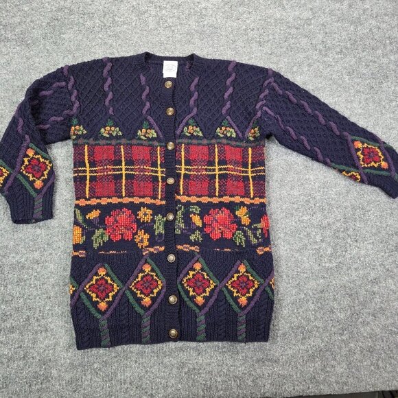 Vintage Laura Ashley Sweater Cardigan Small Blue 90s Wool Granny Cottagecore - Picture 1 of 15